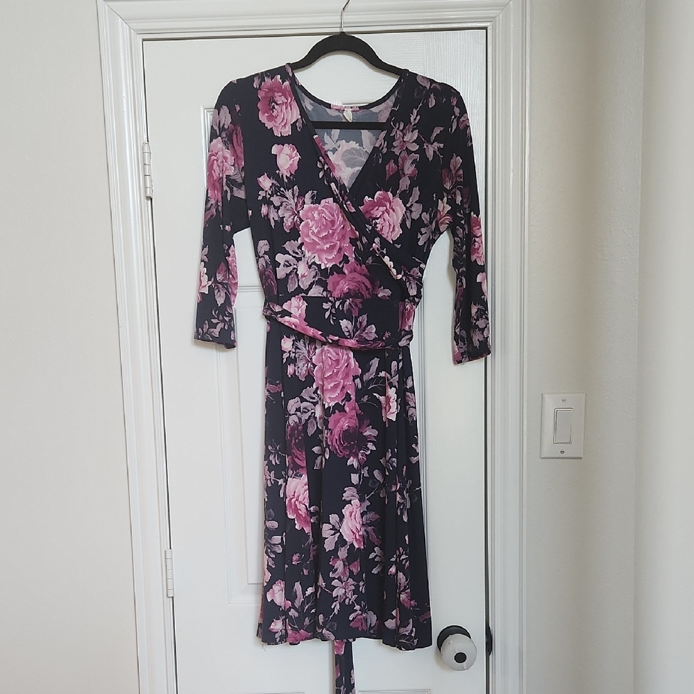 Floral Wrap Maternity And Nursing Dress in Navy And Purple